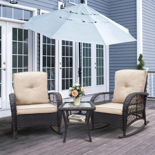 3 Pieces Conversation Set, Outdoor Wicker Rocker Patio Bistro Set, Rocking Chair with Glass Top Side Table