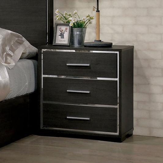 1x Nightstand Solid wood Warm Gray Sleek Modern Lines Chrome Trim Insert Contemporary Bedroom Furniture