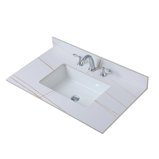 Montary 37inch bathroom vanity top stone white gold new style tops with rectangle undermount ceramic sink and three faucet hole