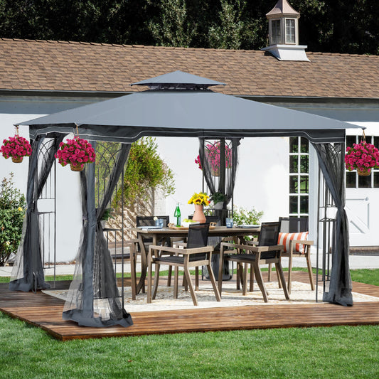 10x10 Outdoor Patio Gazebo Canopy Tent With Ventilated Double Roof And Mosquito net (Detachable Mesh Screen On All Sides),Suitable for Lawn, Garden, Backyard and Deck, Gray Top