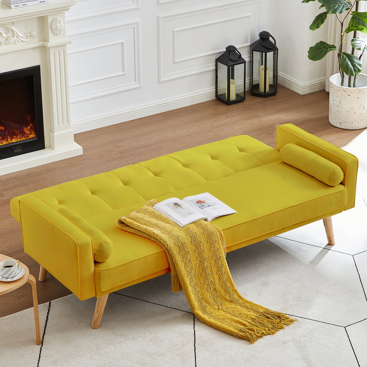 Mid-Century Yellow Linen Fabric Chesterfield Sofa Couch, Modern Love Seats Sofa Furniture, Upholstered Button Tufted Couch with 2 Bolster Pillows for Living Room Apartment