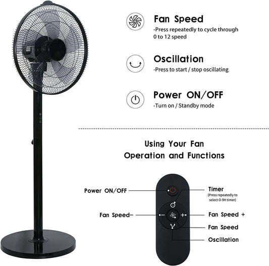 14.5" Adjustable 12 Levels Speed Pedestal Stand Fan with Remote Control for Indoor, Home, Office and College Dorm Use, 90 Degree Horizontal Oscillating, 9 Hours Timer, 14.5 Inch, Black