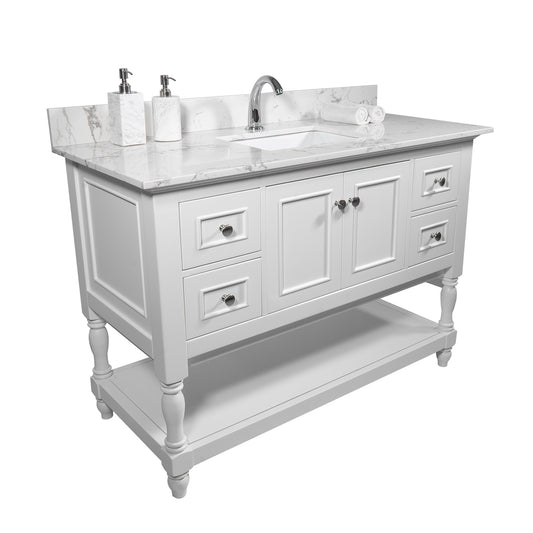 43"x22" bathroom stone vanity top engineered stone carrara white marble color with rectangle undermount ceramic sink and single faucet hole with back splash .