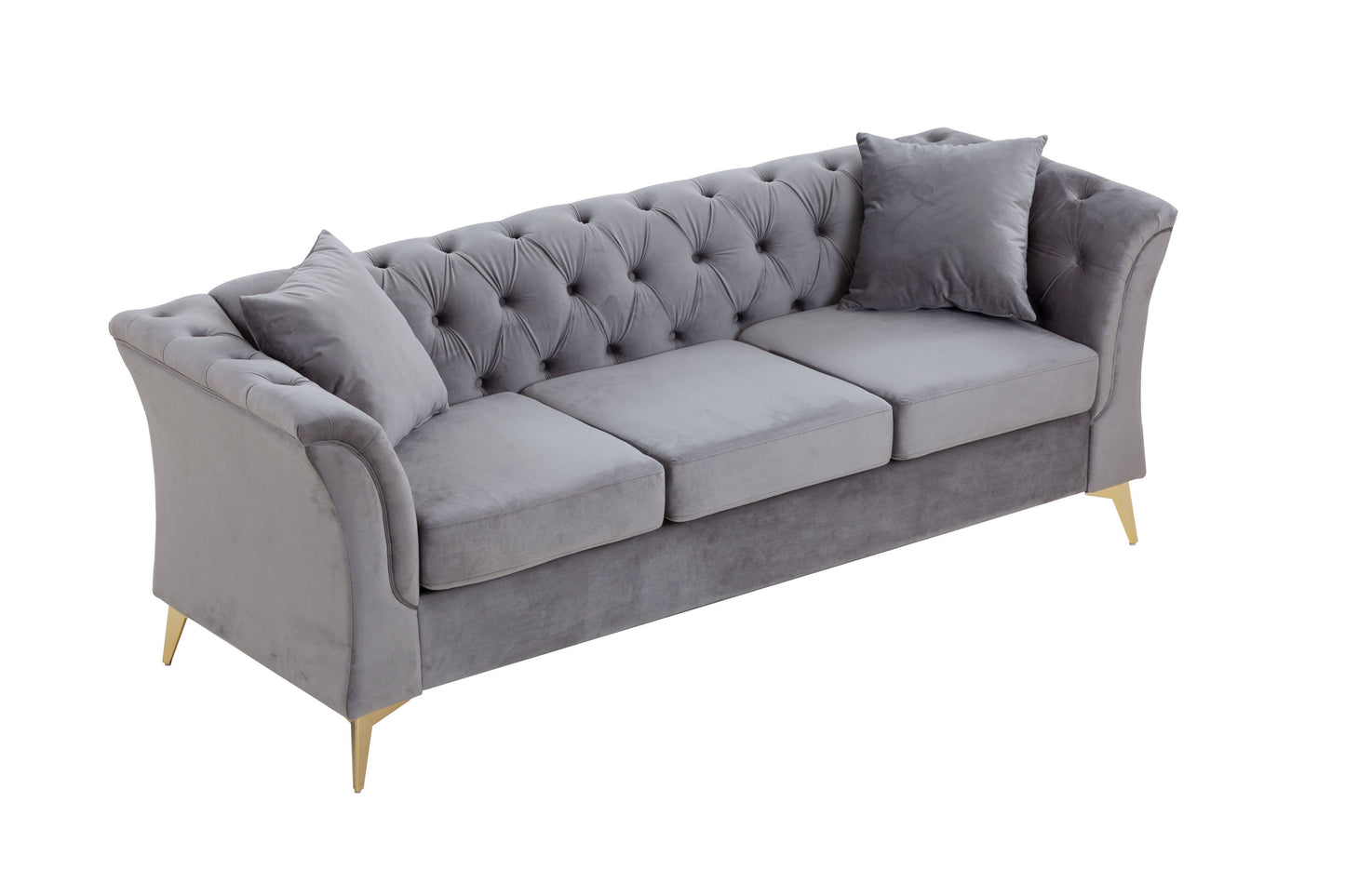 Modern Chesterfield Curved Sofa Tufted Velvet Couch 3 Seat Button Tufed Couch with Scroll Arms and Gold Metal Legs Grey