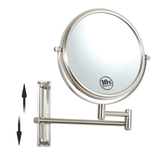 8-inch Wall Mounted Makeup Vanity Mirror, Height Adjustable, 1X / 10X Magnification Mirror, 360 degree Swivel with Extension Arm (Brushed Nickel)