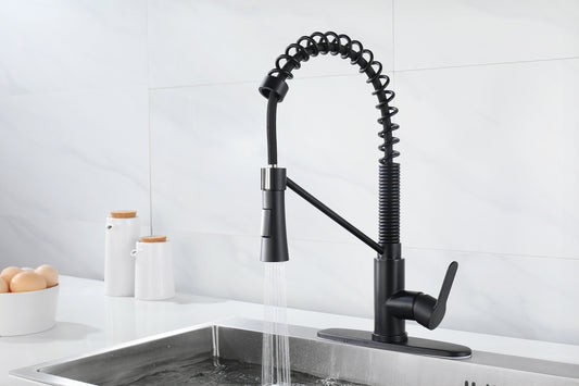 Matte Black Kitchen Faucet with Soap Dispenser Single Handle Kitchen Sink Faucet with Pull Down Sprayer Utility Sink Faucet Single Hole for Laundry Sink Stainless Steel 1.8 GPM