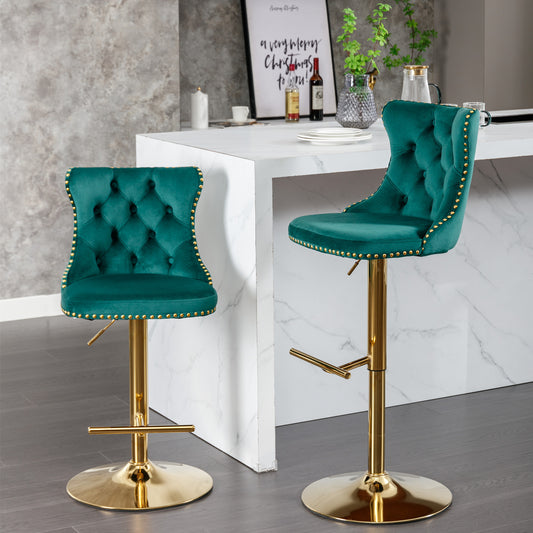 Golden Swivel Velvet Barstools Adjusatble Seat Height from 25-33 Inch, Modern Upholstered Bar Stools with Backs Comfortable Tufted for Home Pub and Kitchen IslandGreen, Set of 2)