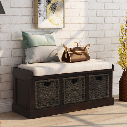 Rustic Storage Bench with 3 Removable Classic Rattan Basket, Entryway Bench with Removable Cushion (Espresso)