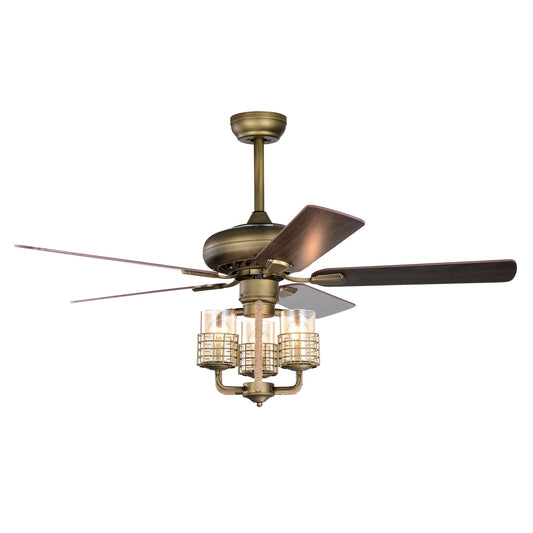 52inch Bronze Metal 3 Lights Ceiling Fan with 5 Wood Blades, Two-color fan blade, AC Motor, Remote Control, Reversible Airflow, Multi-Speed, Adjustable Height, Traditional Ceiling Fan
