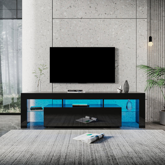Modern gloss black TV Stand for 80 inch TV, 20 Colors LED TV Stand w/Remote Control Lights