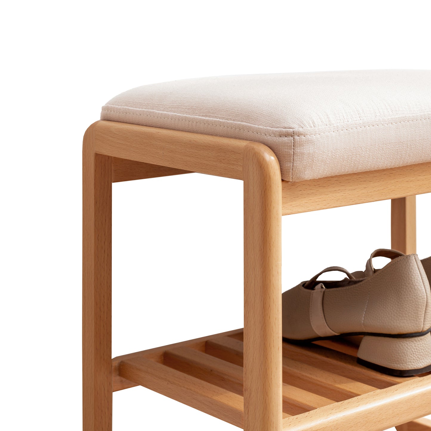 Natural Solid Wood Shoe Bench, Beech Wood Storage Rack Organizer with High Rebound Sponge Cushion