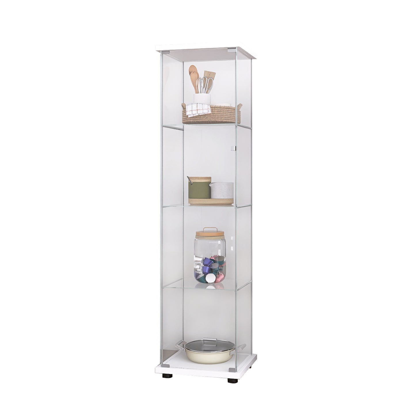 Glass Cabinet-b Glass Display Cabinet 4 Shelves with Door, Floor Standing Curio Bookshelf for Living Room Bedroom Office, 64.7"x16.7"x14.3", White