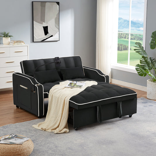 1 versatile foldable sofa bed in 3 lengths, modern sofa sofa sofa velvet pull-out bed, adjustable back and with USB port and ashtray and swivel phone stand (black)