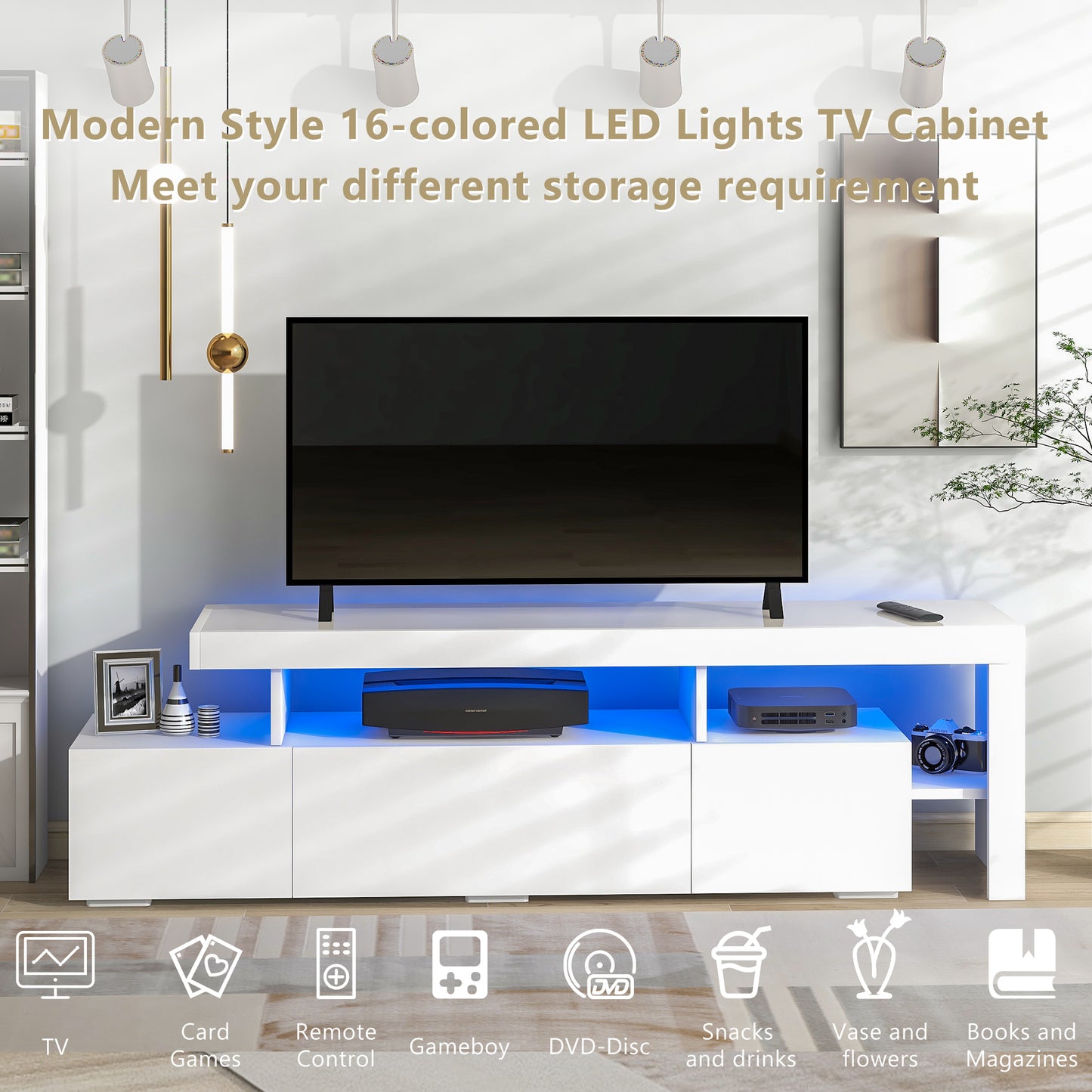 Modern Style 16-colored LED Lights TV Cabinet, UV High Gloss Surface Entertainment Center with DVD Shelf, 
Up to 70 inch TV, White