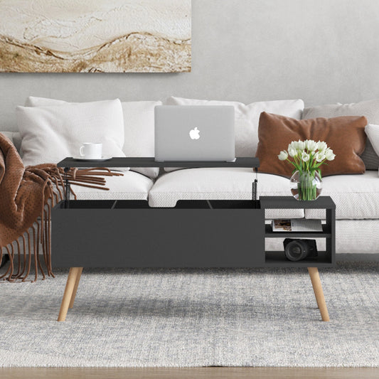 Coffee table, computer table, black, solid wood leg rest, large storage space, can be raised and lowered desktop