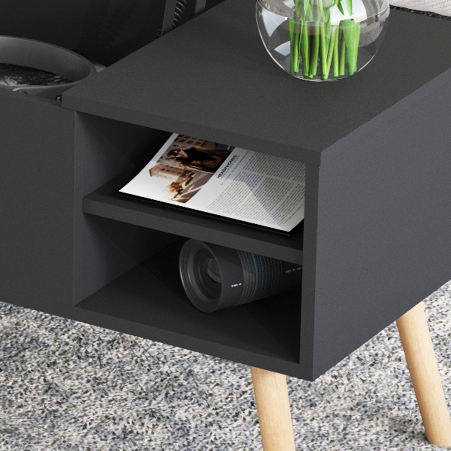 Coffee table, computer table, black, solid wood leg rest, large storage space, can be raised and lowered desktop