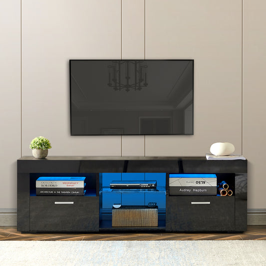 Black morden TV Stand with LED Lights,high glossy front TV Cabinet,can be assembled in Lounge Room, Living Room or Bedroom,color:Black