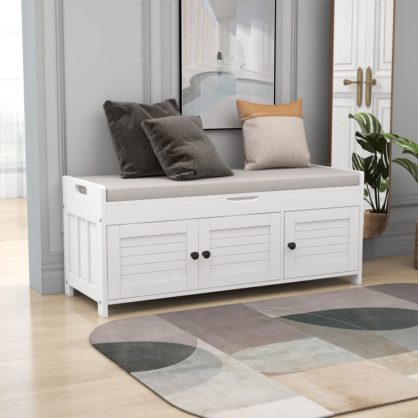 TREXM Storage Bench with 3 Shutter-shaped Doors, Shoe Bench with Removable Cushion and Hidden Storage Space (White, OLD SKU: WF284226AAK)