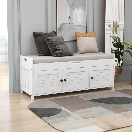 TREXM Storage Bench with 3 Shutter-shaped Doors, Shoe Bench with Removable Cushion and Hidden Storage Space (White, OLD SKU: WF284226AAK)
