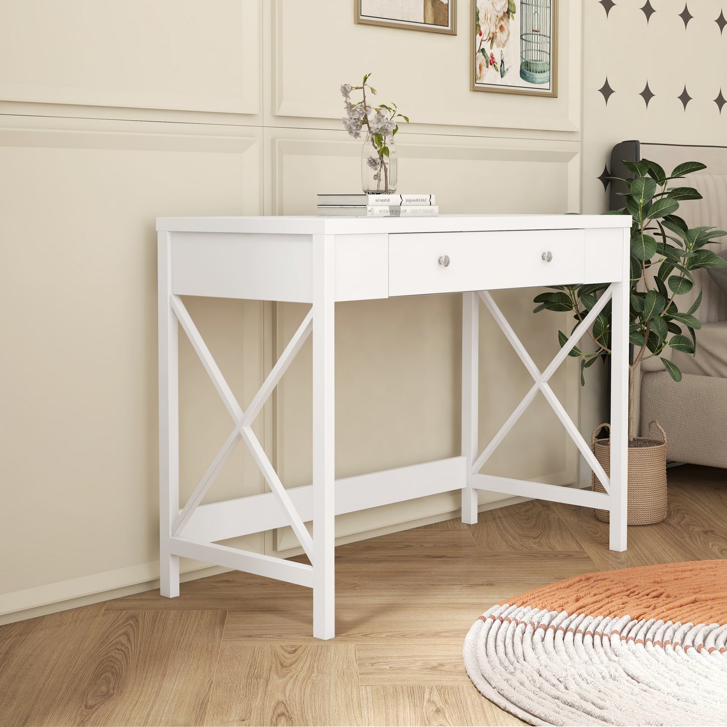 Modern Home Office Desk Study Table Writing Desk with 1 Storage Drawer, Makeup Vanity Dressing Table X Design Accent-White