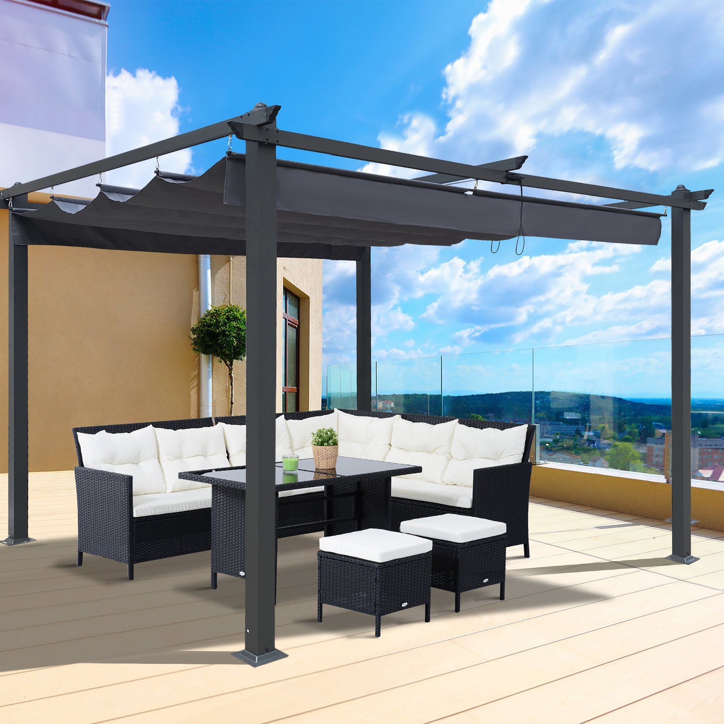 13x10 Ft Outdoor Patio Retractable Pergola With Canopy Sunshelter Pergola for Gardens, Terraces, Backyard, Gray