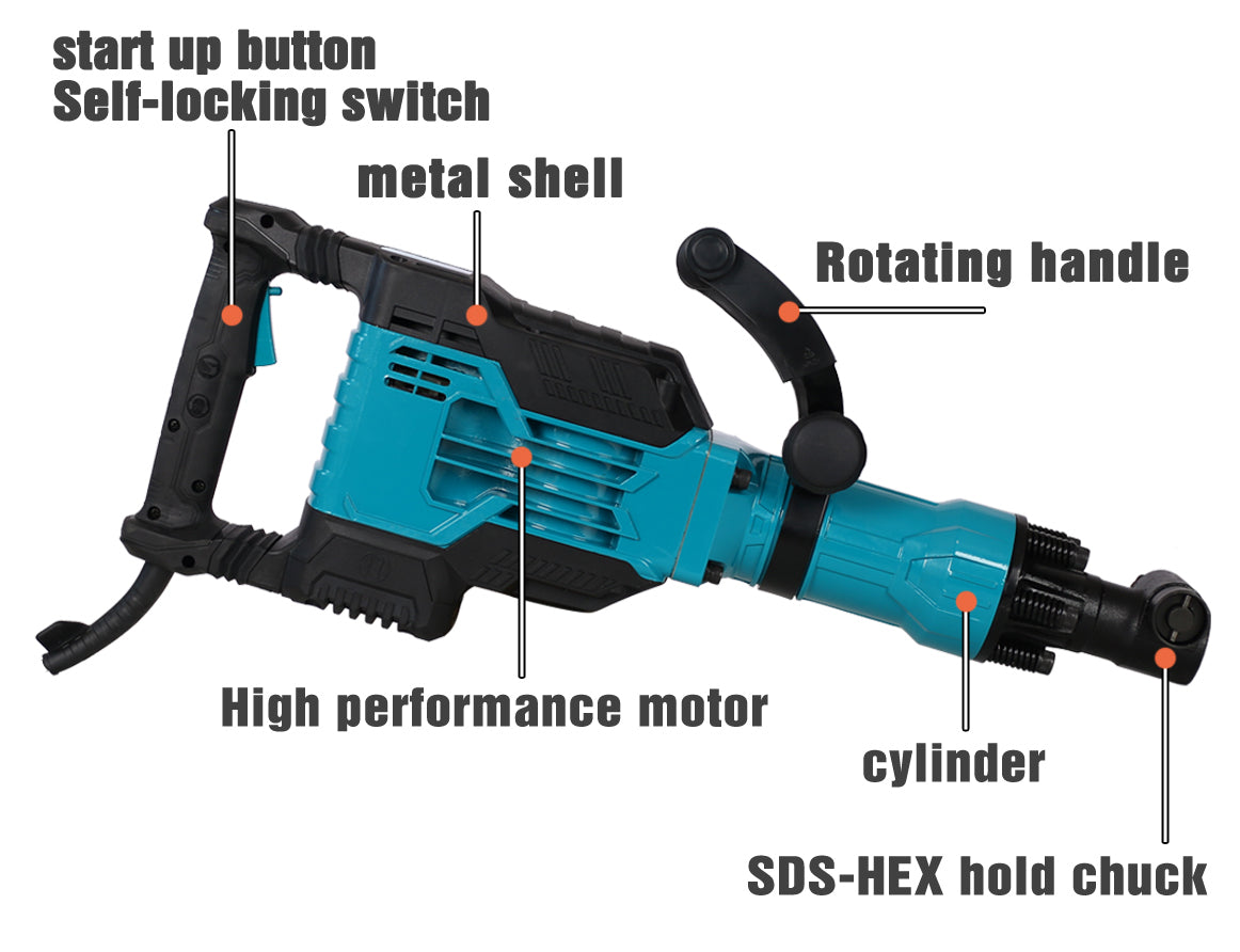 BPM Electric Demolition Jack Hammer 1-1/8 Inch SDS-Hex Heavy Duty Concrete Pavement Breaker Drills Kit