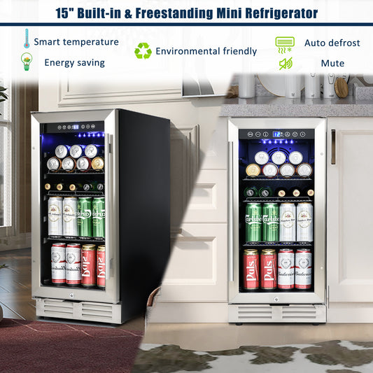 Built-in and Freestanding 15" Mini Beverage Refrigerator/Wine Cabinet, 120 Cans, 34-65 degreeF, Quiet, Adjustable Shelves, LED Lighting, ETL, Touch Controls, Defrost, Double Glass Door, Kitchen/Bar /office