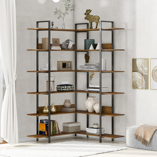 74.8 Inch Bookshelf L-shape MDF Boards Stainless Steel Frame Corner 6-tier Shelves Adjustable Foot Pads, Brown