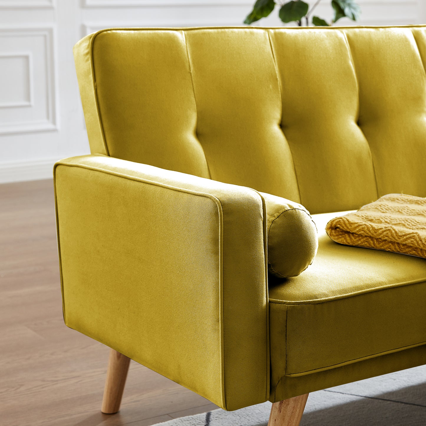 Mid-Century Yellow Linen Fabric Chesterfield Sofa Couch, Modern Love Seats Sofa Furniture, Upholstered Button Tufted Couch with 2 Bolster Pillows for Living Room Apartment