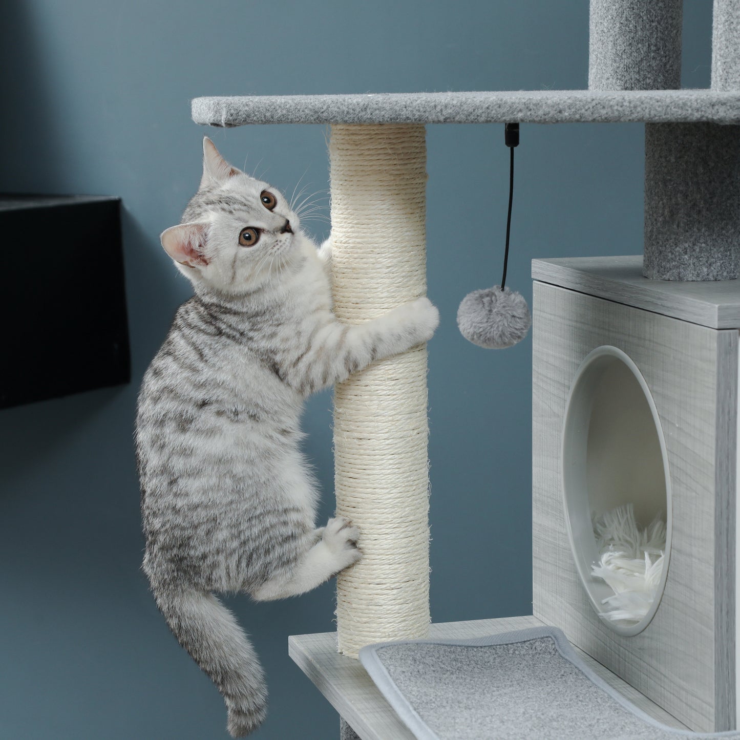 Modern Wood Cat Tree Cats Multi Floor Large Play Tower Sisal Scratching Post Kitten Furniture Activity Centre With Condo Playhouse Dangling Toy Grey