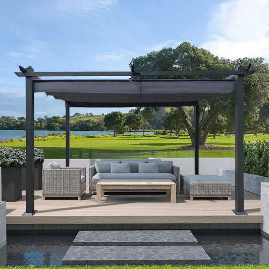 13x10 Ft Outdoor Patio Retractable Pergola With Canopy Sunshelter Pergola for Gardens, Terraces, Backyard, Gray