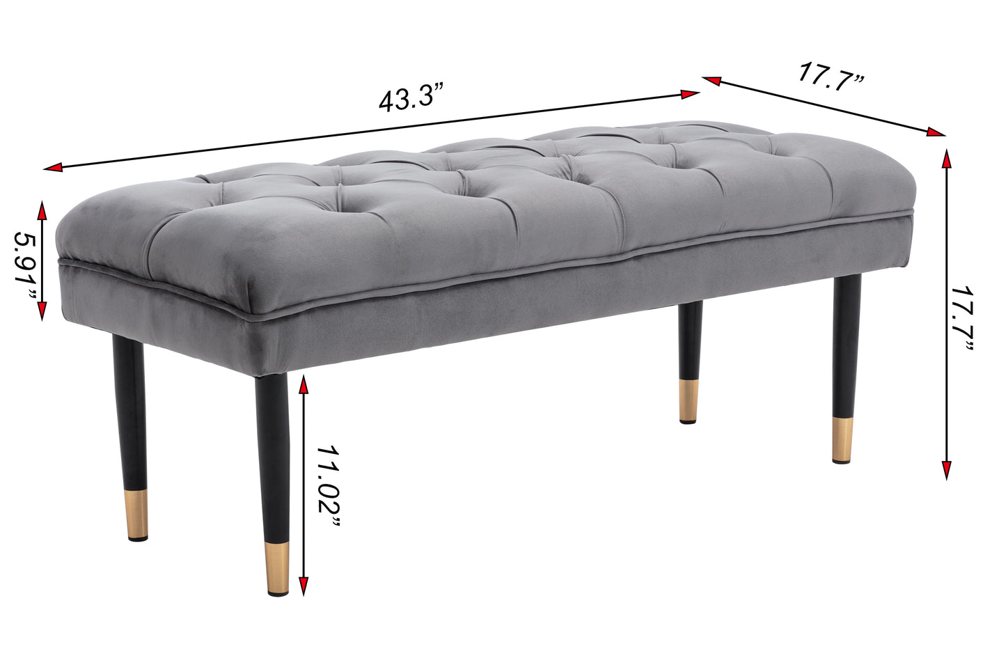 Tufted Bench Modern Velvet Button Upholstered Ottoman enches Bedroom Rectangle Fabric Footstool with Metal Legs for Living Room Entryway, Grey