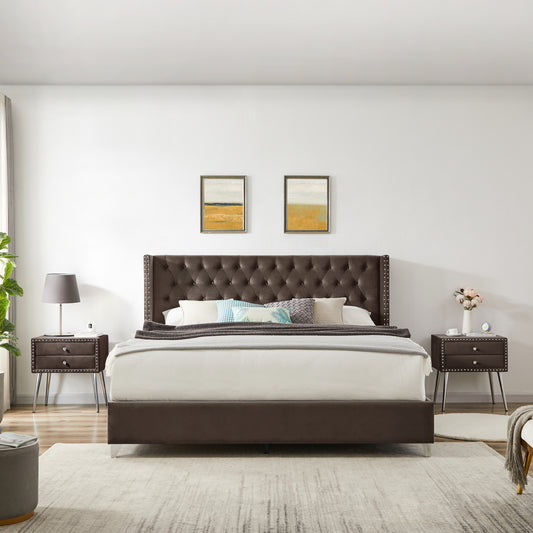 King bed with two nightstands, Button designed Headboard, strong wooden slats + metal legs with Electroplate