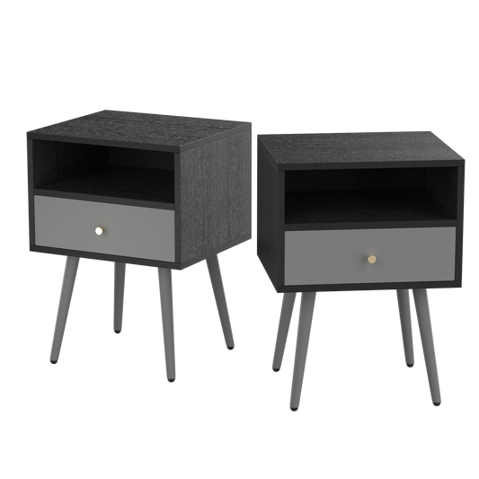 Modern Bedside Tables Set of 2, Nightstand with 1 Storage Drawer -Chic Simple Assembly End Side Table, Sofa Table, for bedroom/living room/office (2pcs, dark grey)