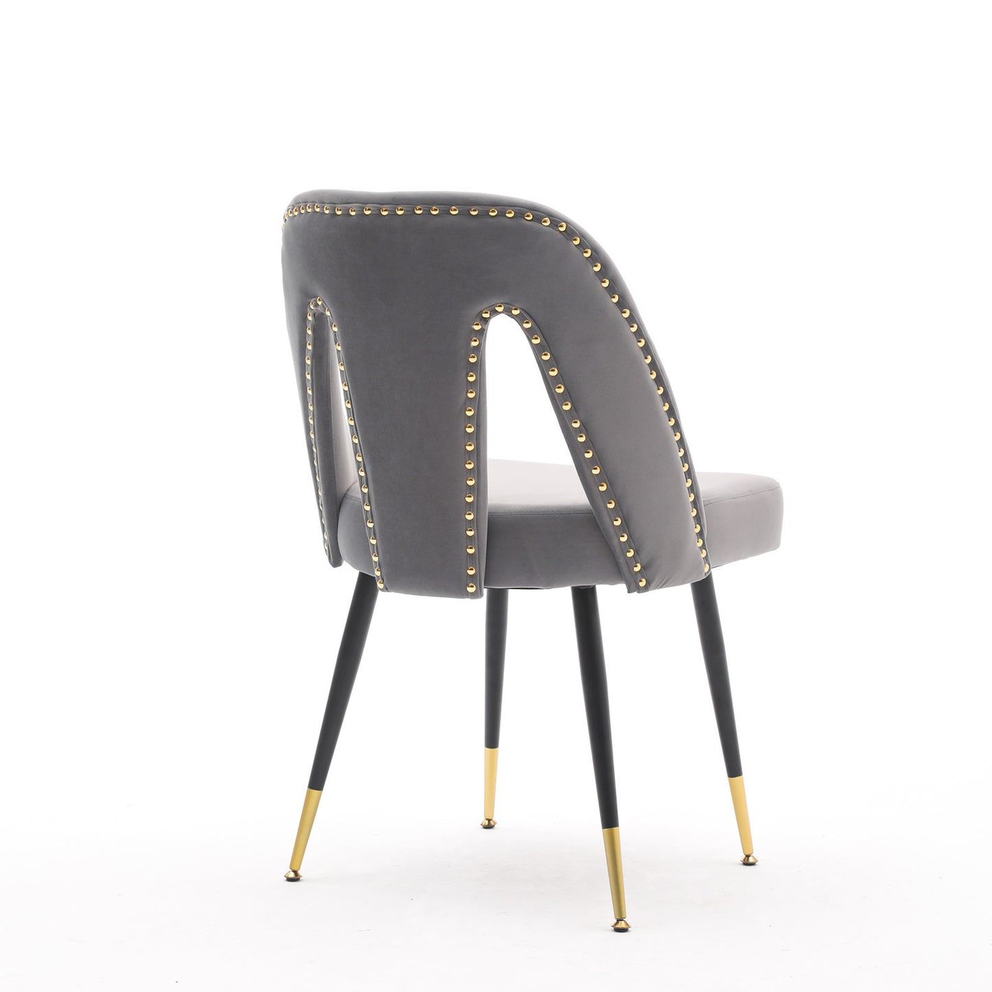 Akoya Collection Modern Contemporary Velvet Upholstered Dining Chair with Nailheads and Gold Tipped Black Metal Legs, Gray, Set of 2