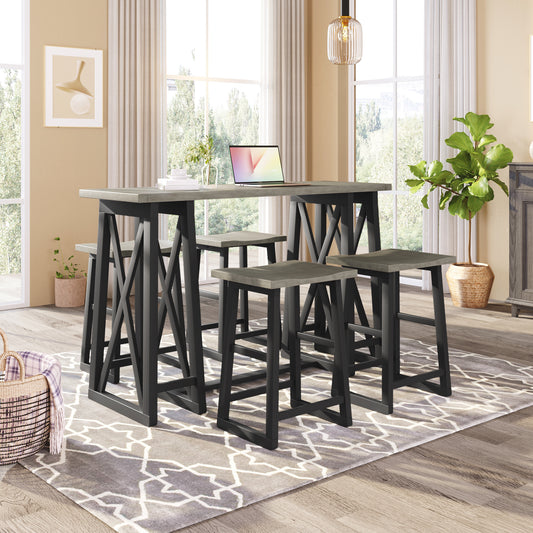 Rustic Counter Height 5-Piece Dining Set, Wood Console Table Set with 4 Stools for Small Places, Grey