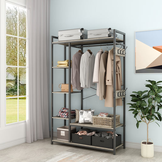 Free-Standing Closet Organizer with Storage Box & Side Hook, Portable Garment Rack with 6 Shelves and Hanging Rod, Black Metal Frame&Rustic Board Finish, Hanging Closet Shelves (Light Ivory).