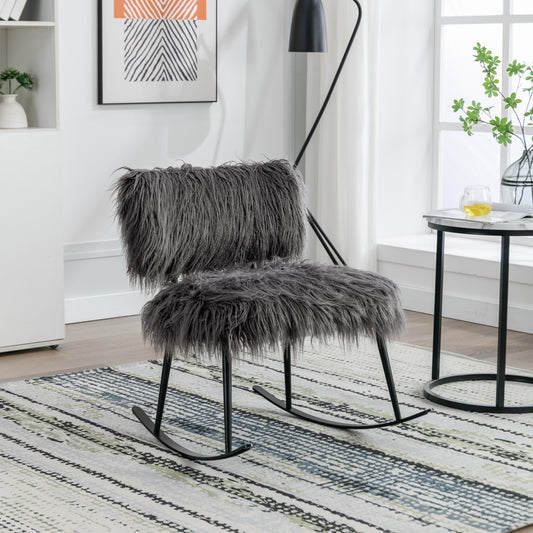 25.2" Wide Faux Fur Plush Nursery Rocking Chair, Baby Nursing Chair with Metal Rocker, Fluffy Upholstered Glider Chair, Comfy Mid Century Modern Chair for Living Room, Bedroom (Gray)