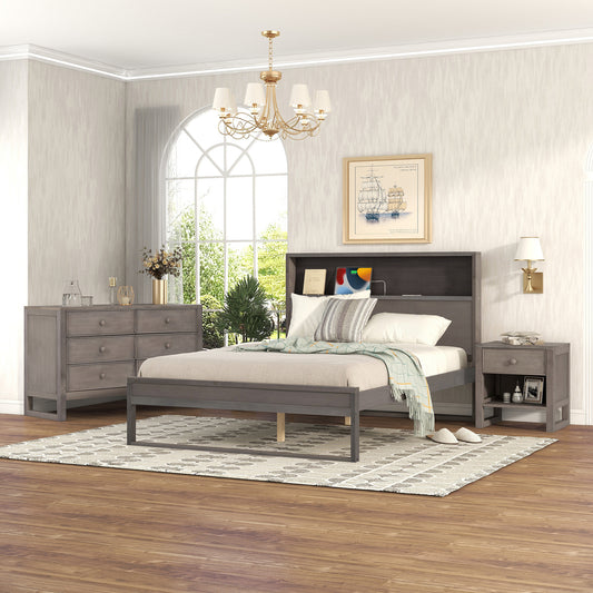3-Pieces Bedroom Sets Full Size Platform Bed with Nightstand and Dresser, Antique Gray