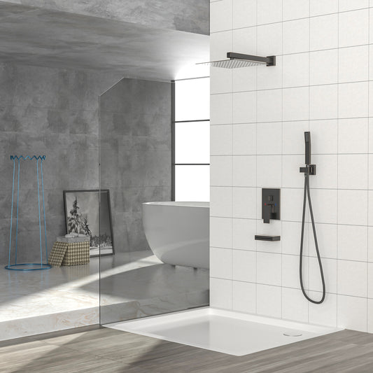 Shower System with Waterfall Tub Spout,12 Inch Wall Mounted Square Shower System with Rough-in Valve, Oil Rubber Bronze