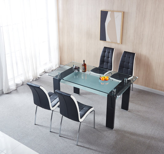 5 Pieces Modern dining set, Rectangular Double-Layer Tempered Glass Dining Table with 4 Lattice Design Leatherette Dining Chair