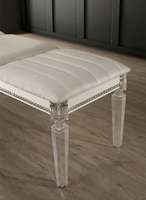 Antique Classic Pearl White 1pc Bench Only Contemporary Solid wood Acrylic Legs Crystal And Mirror Accent