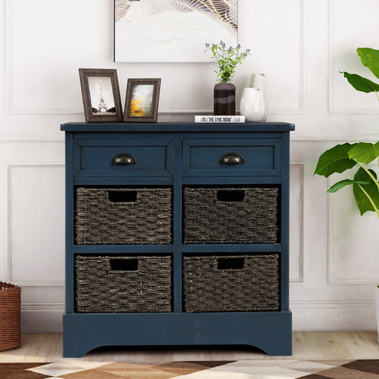 Rustic Storage Cabinet with Two Drawers and Four Classic Rattan Basket for Dining Room/Entryway/Living Room (Antique Navy)