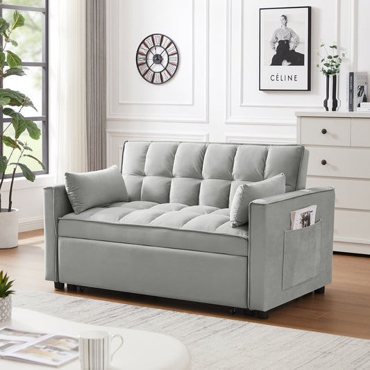 Modern Velvet Loveseat Futon Sofa Couch w/Pullout Bed,Small Love Seat Lounge Sofa w/Reclining Backrest,Toss Pillows, Pockets,Furniture for Living Room,3 in 1 Convertible Sleeper Sofa Bed, Gray
