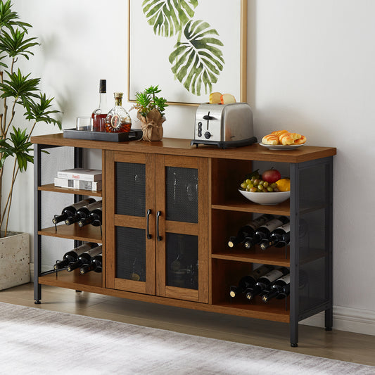 Industrial Wine Bar Cabinet, Liquor Storage Credenza, Sideboard with Wine Racks & Stemware Holder (Hazelnut Brown, 55.12" W x 13.78"d x 30.31' ' h)