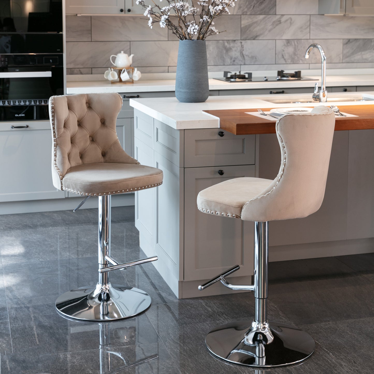 Swivel Velvet Barstools Adjusatble Seat Height from 25-33 Inch, Modern Upholstered Chrome base Bar Stools with Backs Comfortable Tufted for Home Pub and Kitchen Islandhaki, Set of 2)