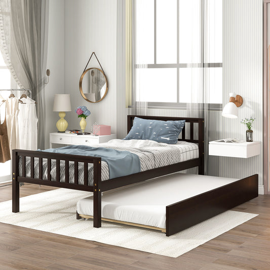 Twin Bed with Trundle, Platform Bed Frame with Headboard and Footboard, for Bedroom Small Living Space, No Box Spring Needed, Espresso