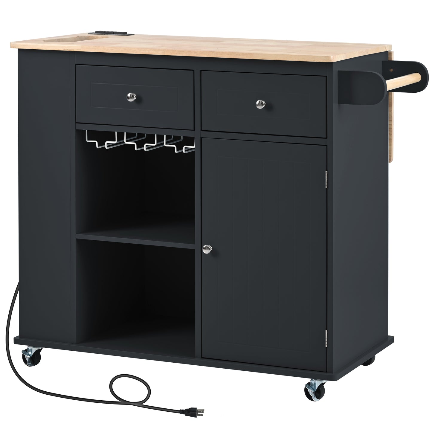 Kitchen Island with Power Outlet,Kitchen Storage Island with Drop Leaf and Rubber Wood,Open Storage and Wine Rack,5 Wheels,with Adjustable Storage for Home, Kitchen, and Dining Room, Black