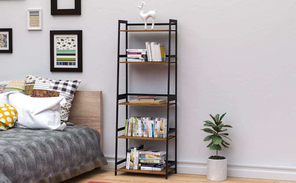 Ladder Shelf, 5 Tier Black Bookshelf, Modern Open Bookcase for Bedroom, Living Room, Office, Brown
