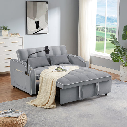 1 versatile foldable sofa bed in 3 lengths, modern sofa sofa sofa velvet pull-out bed, adjustable back and with USB port and ashtray and swivel phone stand (grey)
